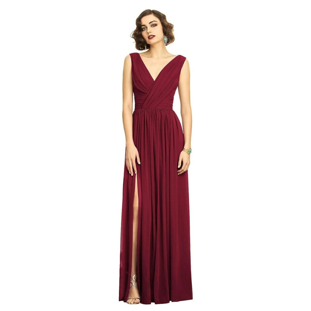 Dessy Floor Length Chiffon Shirred Skirt V-Neck Draped Dress in Burgundy Size 2