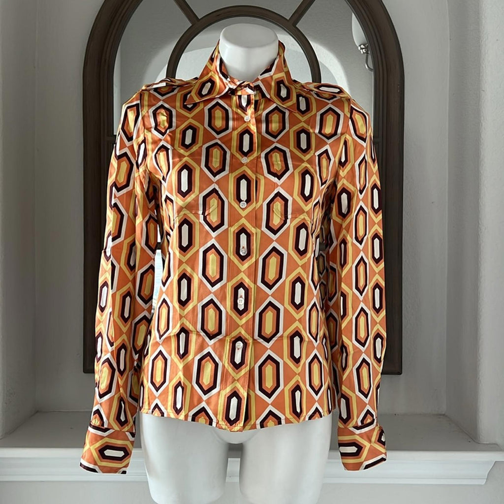 Tory Burch Silk Button Up Shirt in Orange Multi Size 6 EXCELLENT!