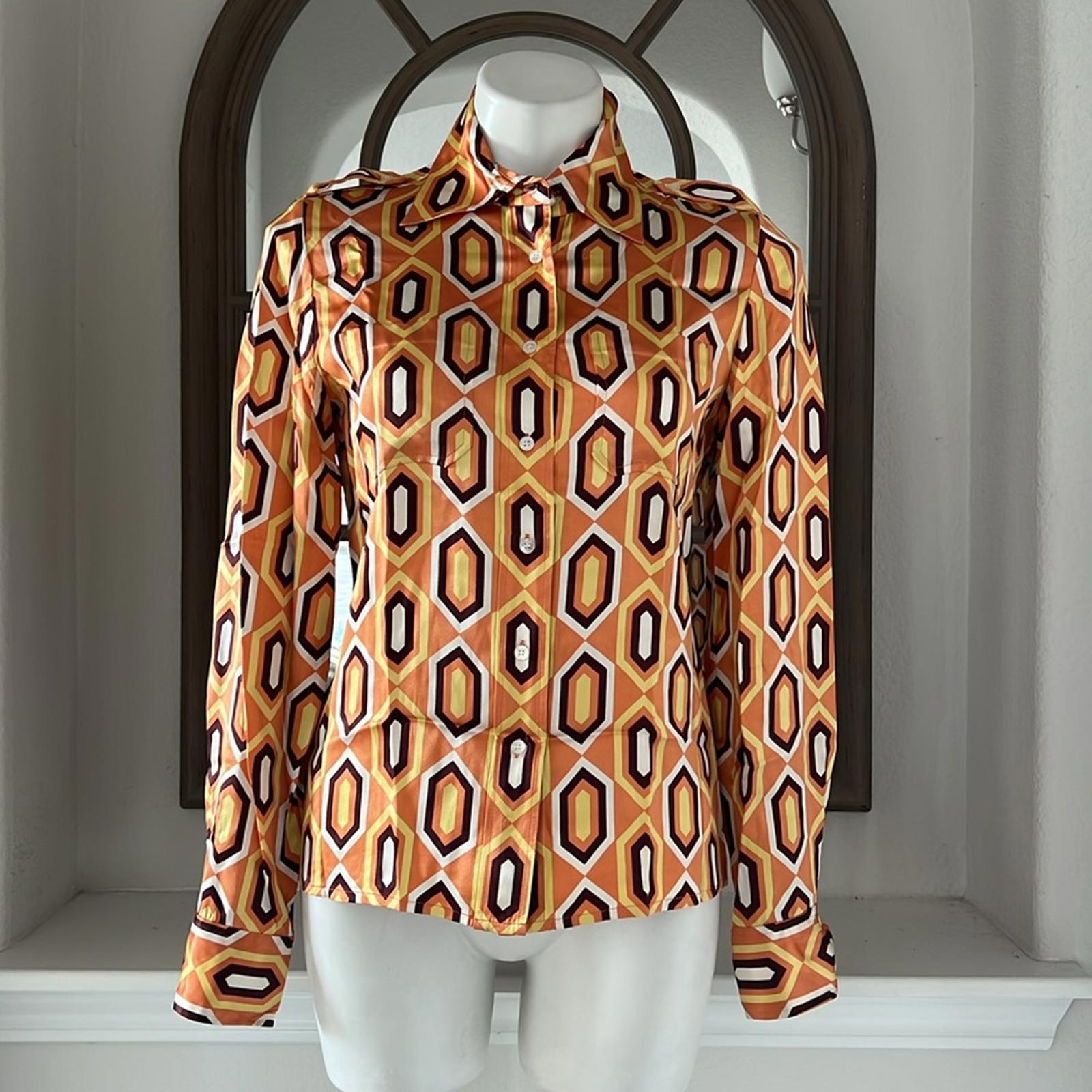 Tory Burch Silk Button Up Shirt in Orange Multi Size 6 EXCELLENT!