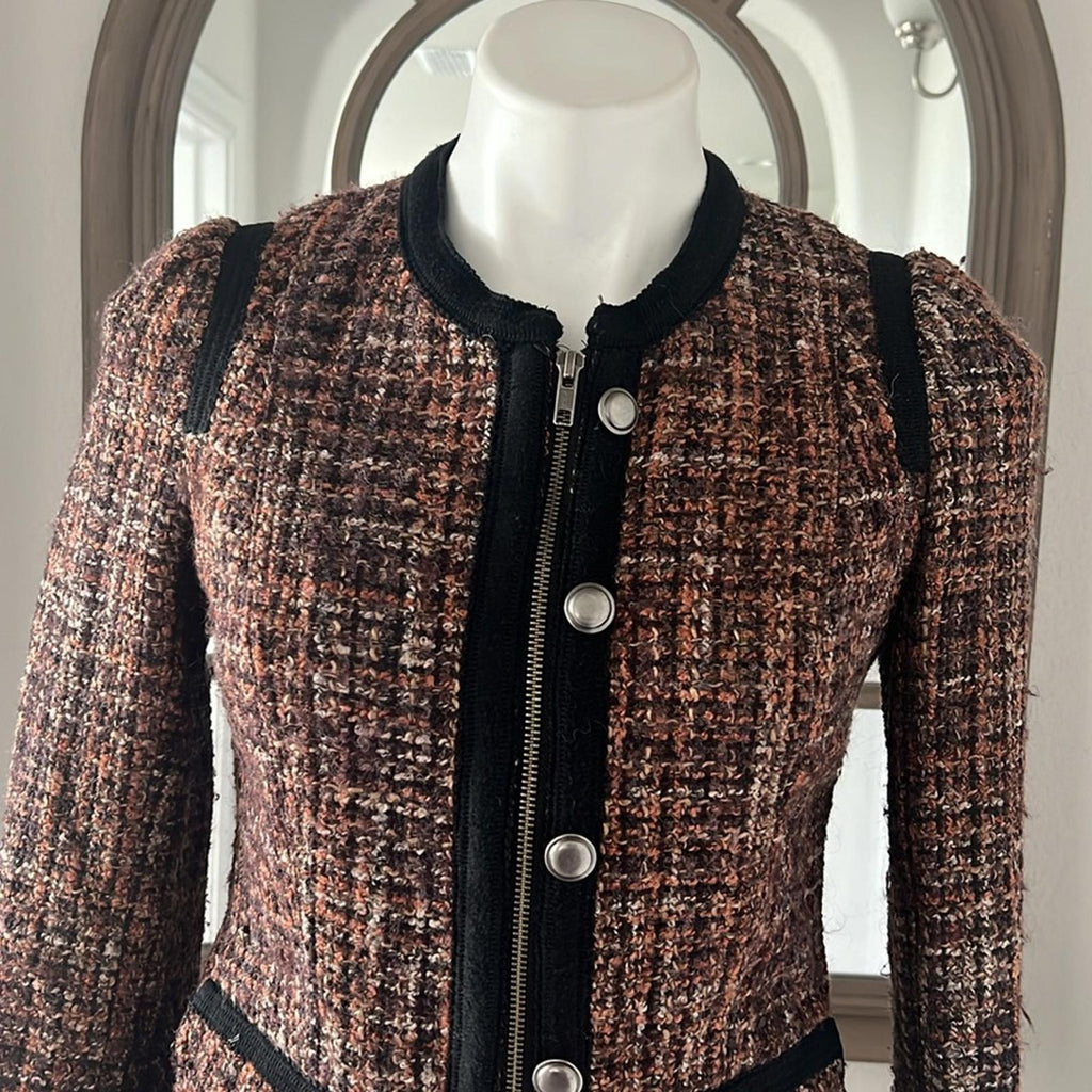 Free People Tweed Moto Jacket, Wool Brown/Purple w/Black Trim Size 4 Retail $198