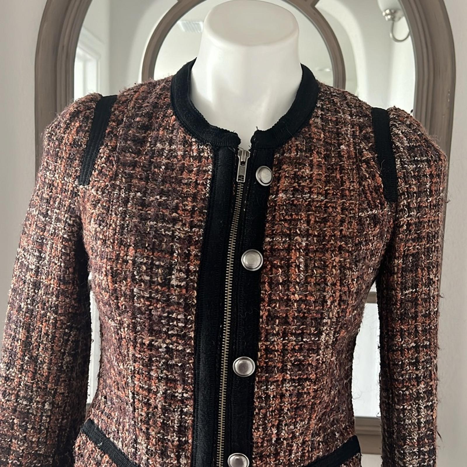 Free People Tweed Moto Jacket, Wool Brown/Purple w/Black Trim Size 4 Retail $198