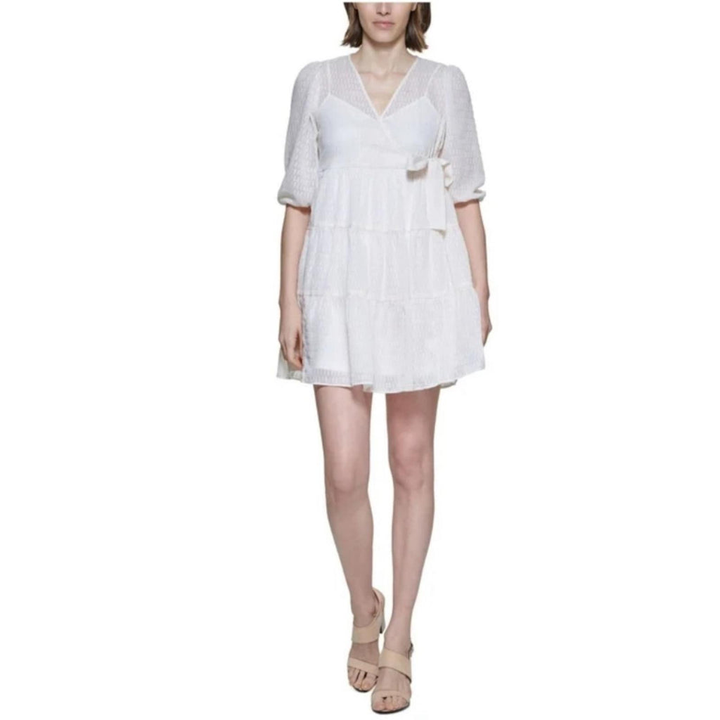 Calvin Klein Side-Tie Belt Pinstripe Tiered Dress, Petite Size 6 New w/Tag