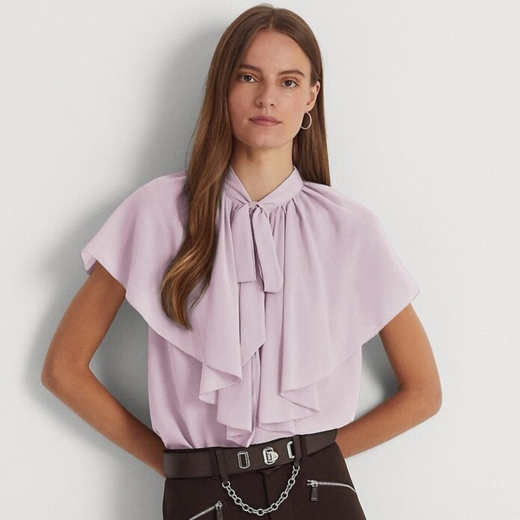 Lauren Ralph Lauren Tie-Neck Crinkle Georgette Cape Blouse Lt Purple Size XL NWT
