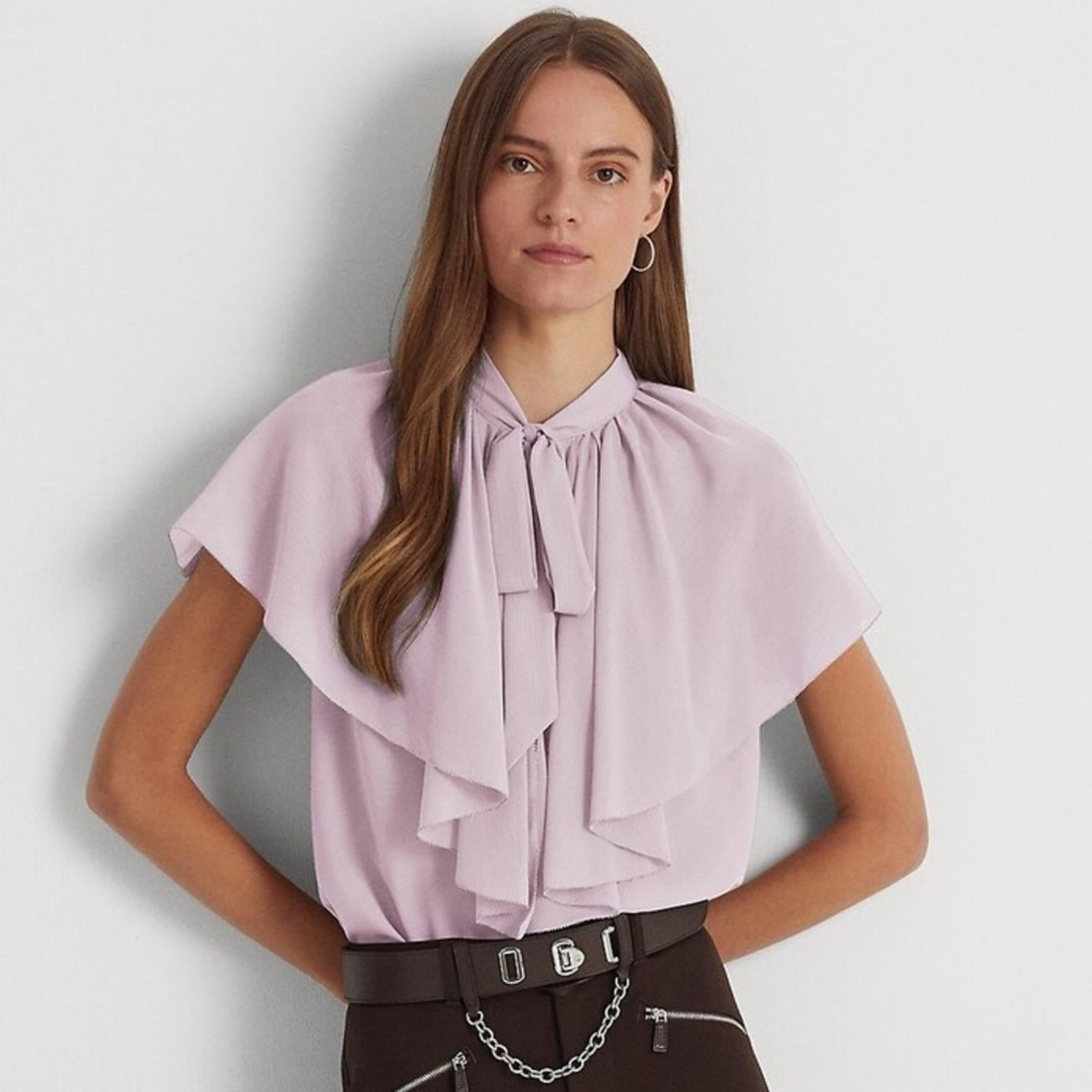 Lauren Ralph Lauren Tie-Neck Crinkle Georgette Cape Blouse Lt Purple Size XL NWT