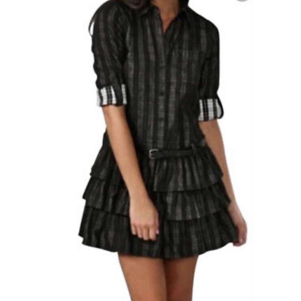 Theory Cacey Black Plaid Tiered Dress in Black & White, Size 6 EXCELLENT $395