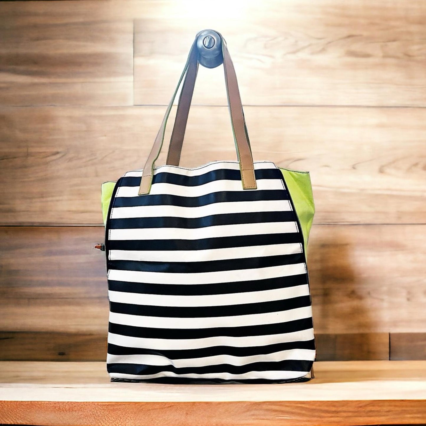 DSW Expandable Striped Tote Bag in Black, White, Néon Green, Tan