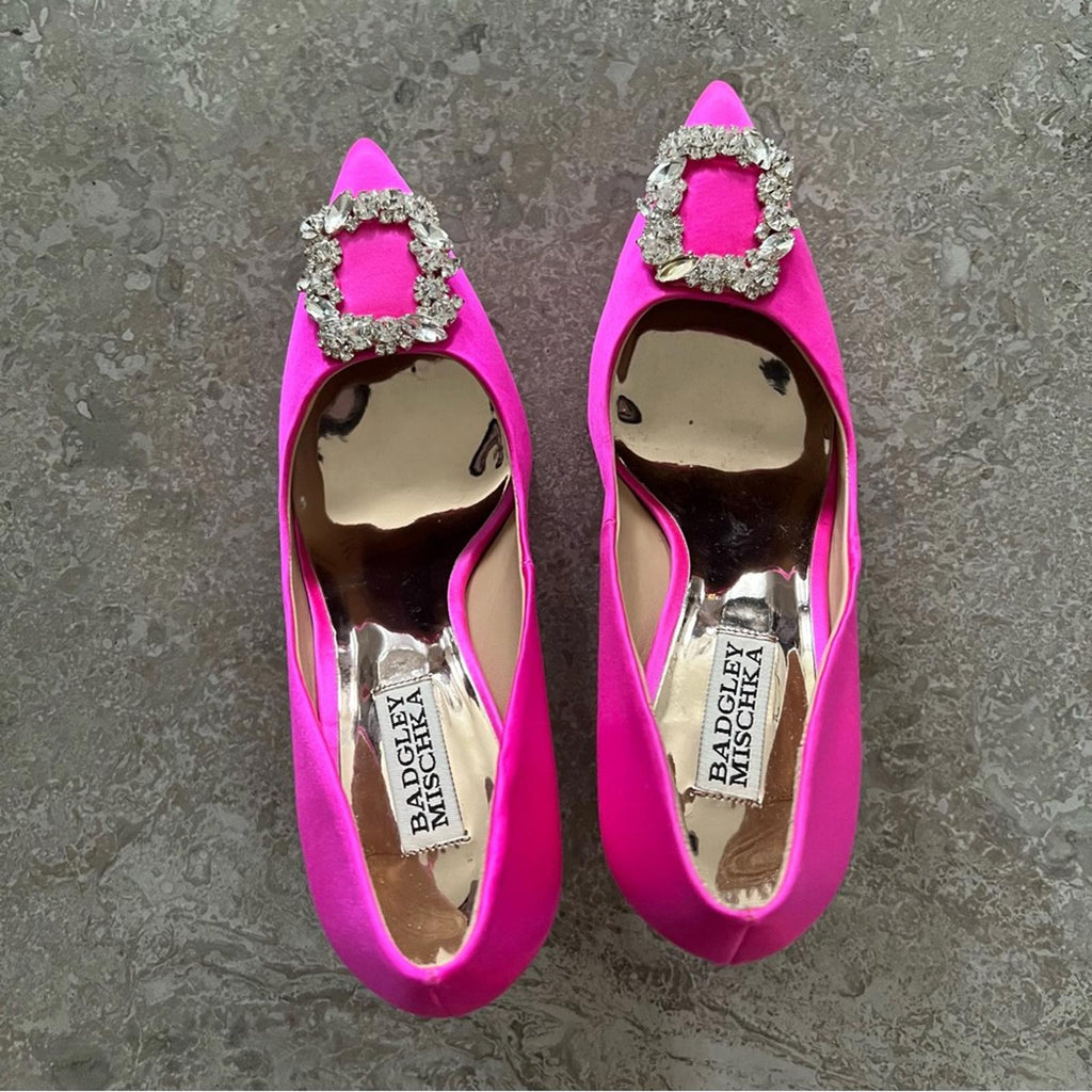Badgley Mischka Cher Satin Brooch Embellished Pumps Pink, Size 7.5 New + DustBag