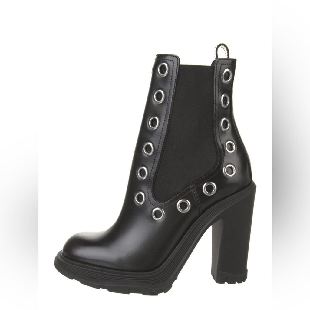 Alexander McQueen Tread Grommet Embellished Black Boots, Size 39.5, Retail $1290
