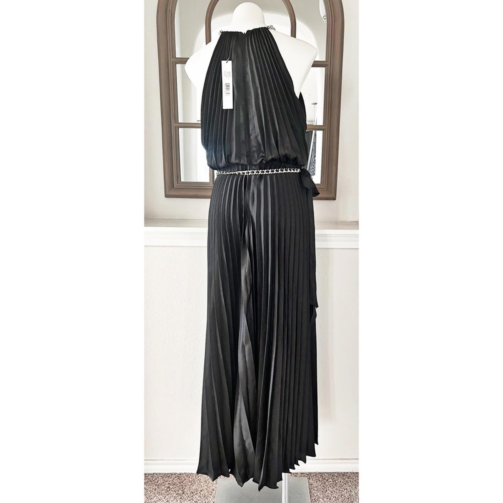 ML Monique Lhuillier Satin Chain-Link Belt Pleated Gown, Black Size 8 NWT $695