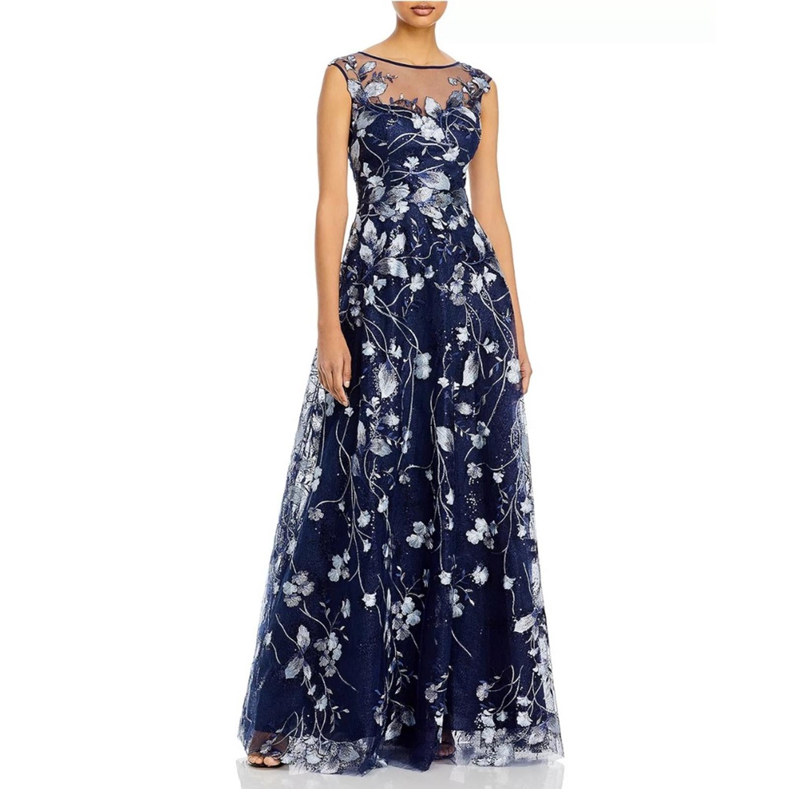 Teri Jon Embroidered Mesh Gown in Navy/Silver, NWT, Size 16