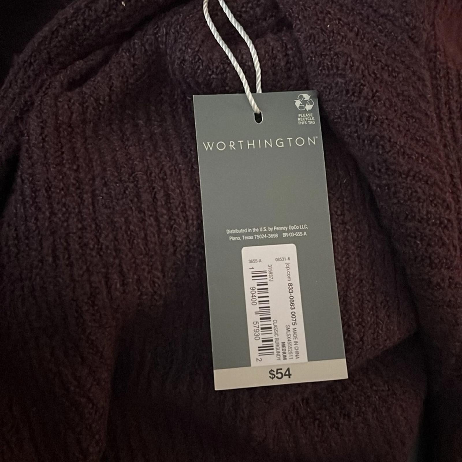 Worthington Crew Neck Long Sleeve Pullover, Classic Burgundy Size M New w/Tag