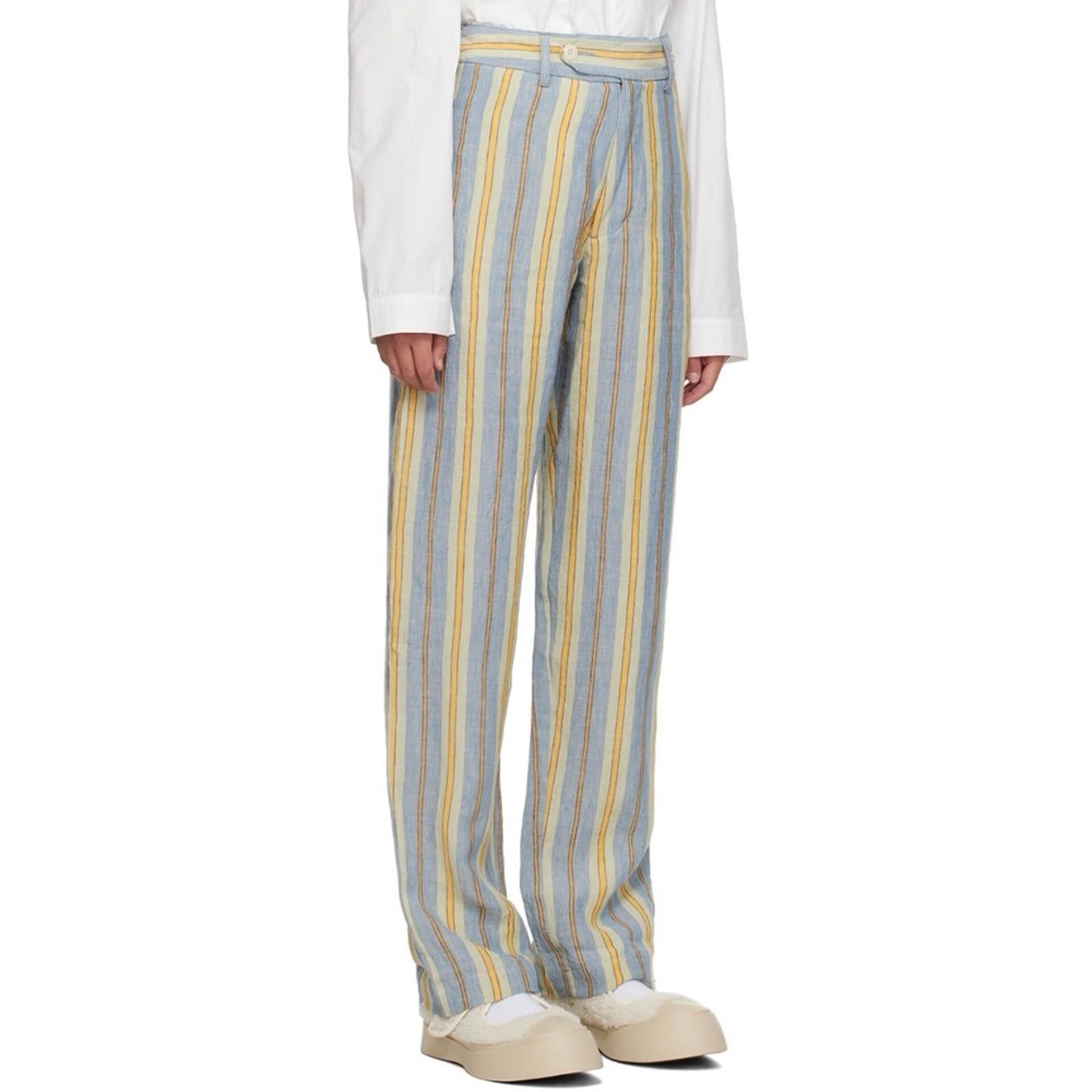 Nicholas Daley Linen Striped Trousers in Blue/Mustard, Size 34 NEW w/Tag $650