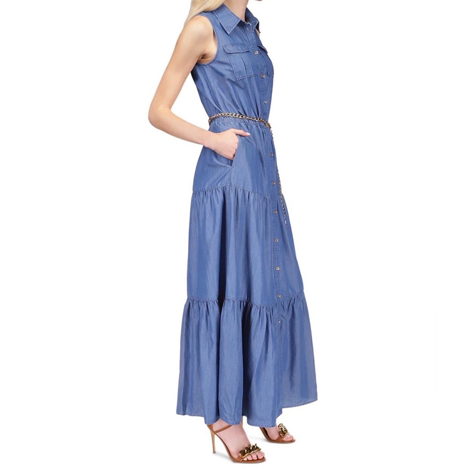 Michael Kors Chambray Tiered Ankle Dress in Light Cadet Wash, Size XS NWT $195