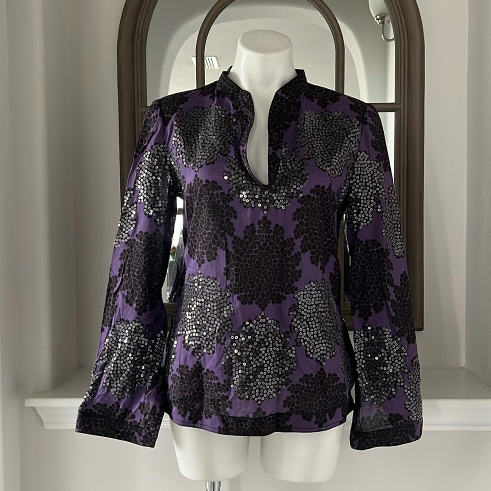 Tory Burch Black Flowers Blouse, Tunic in Purple Grey Size 8