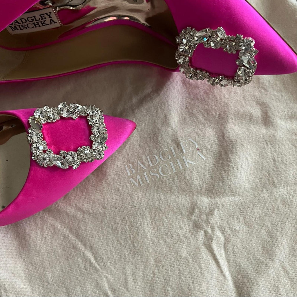 Badgley Mischka Cher Satin Brooch Embellished Pumps Pink, Size 7.5 New + DustBag