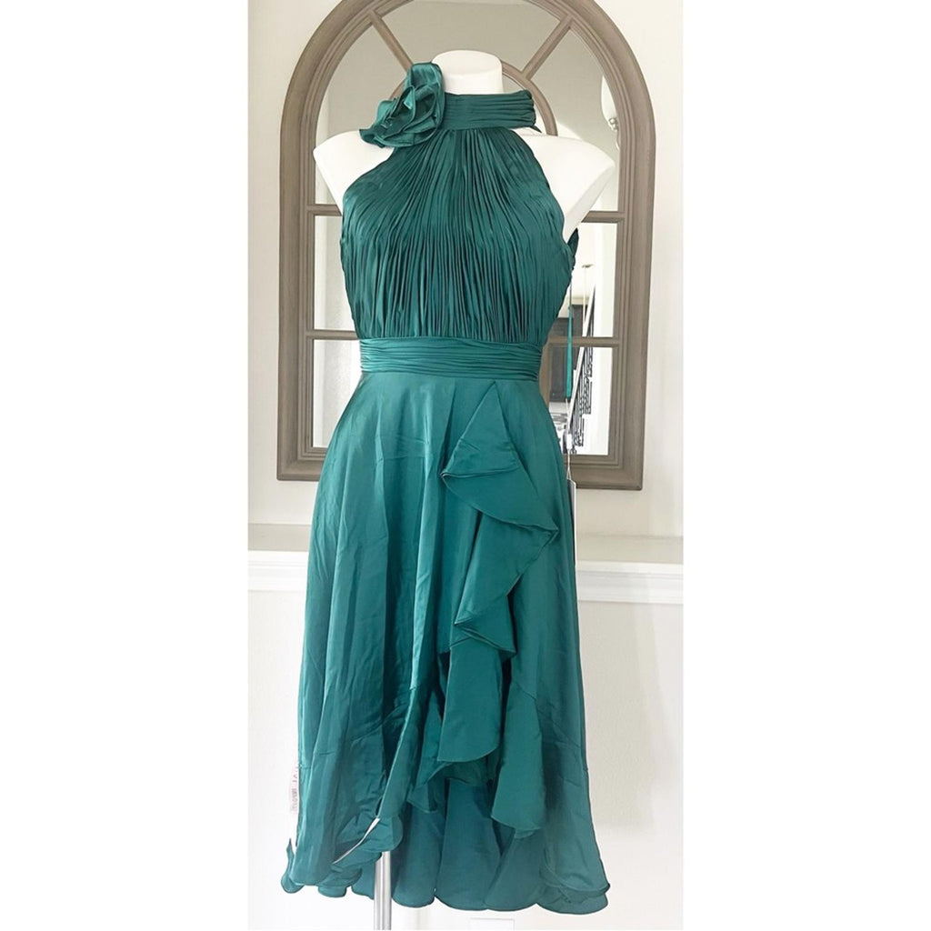 Mac Duggal Pleated Bodice High-Low Satin Cocktail Dress in Emerald Green NWT