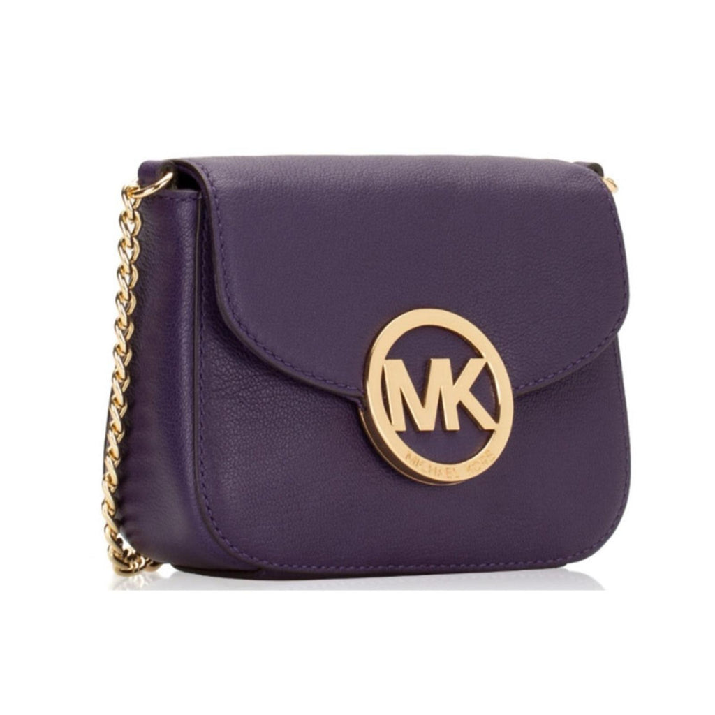 Michael Kors Fulton Leather Flap Crossbody Bag, Purple & Gold Tone Retail $208