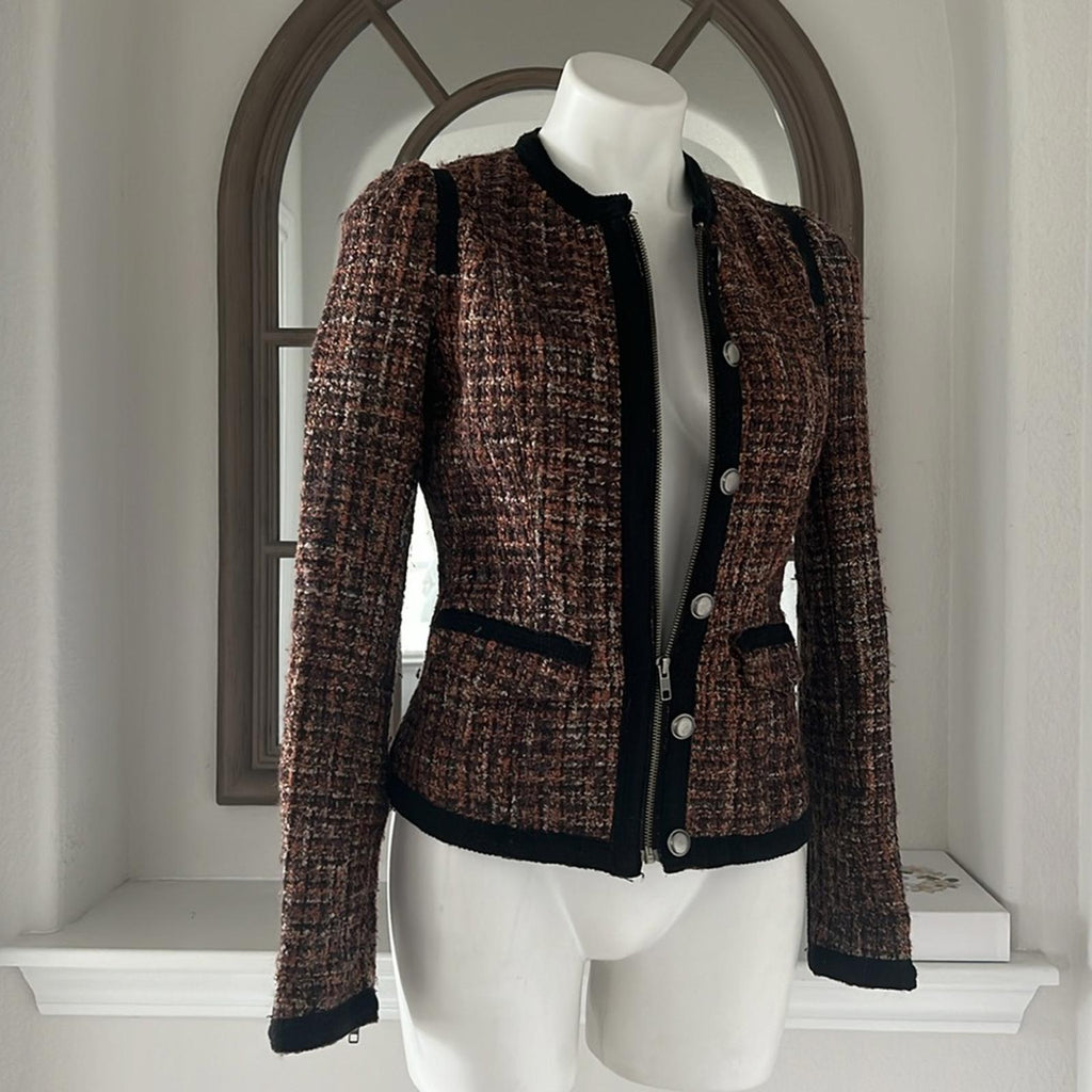 Free People Tweed Moto Jacket, Wool Brown/Purple w/Black Trim Size 4 Retail $198