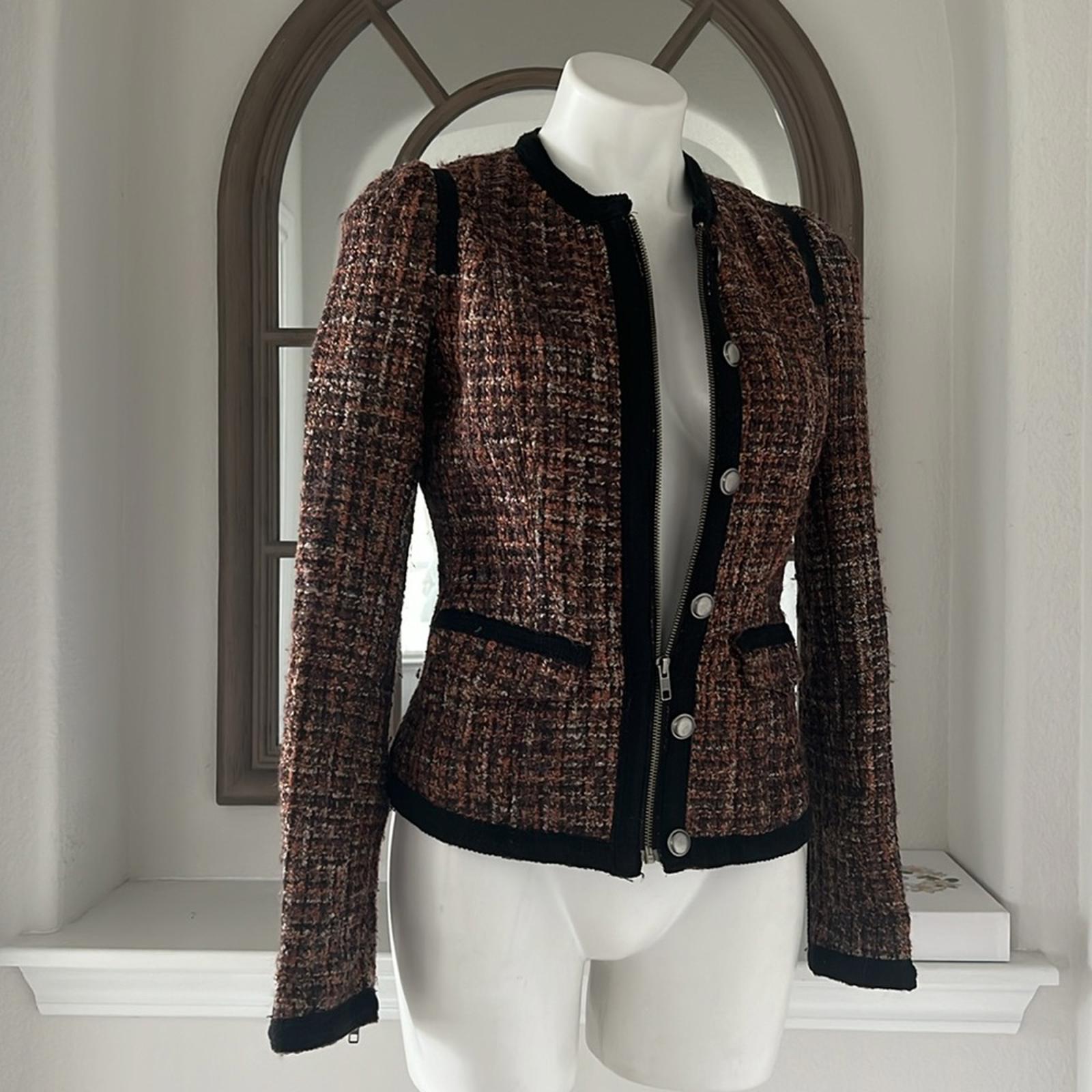 Free People Tweed Moto Jacket, Wool Brown/Purple w/Black Trim Size 4 Retail $198