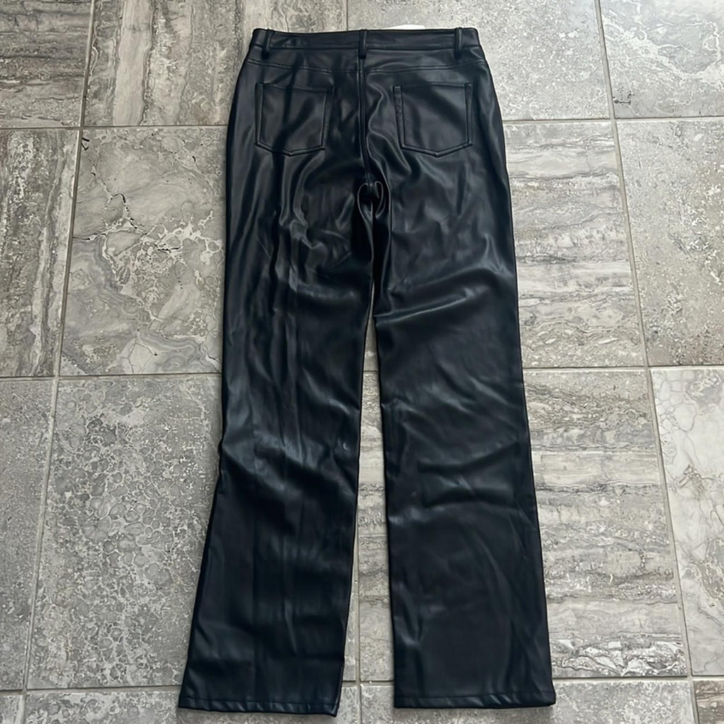 Staud Chisel Vegan Leather Straight-Leg Pants, Black High Waist Size 12 NEW $350