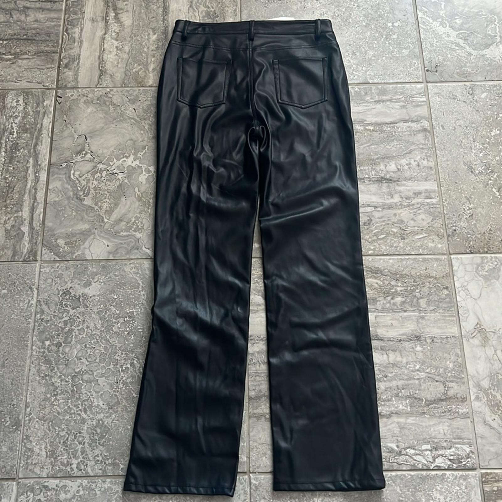 Staud Chisel Vegan Leather Straight-Leg Pants, Black High Waist Size 12 NEW $350