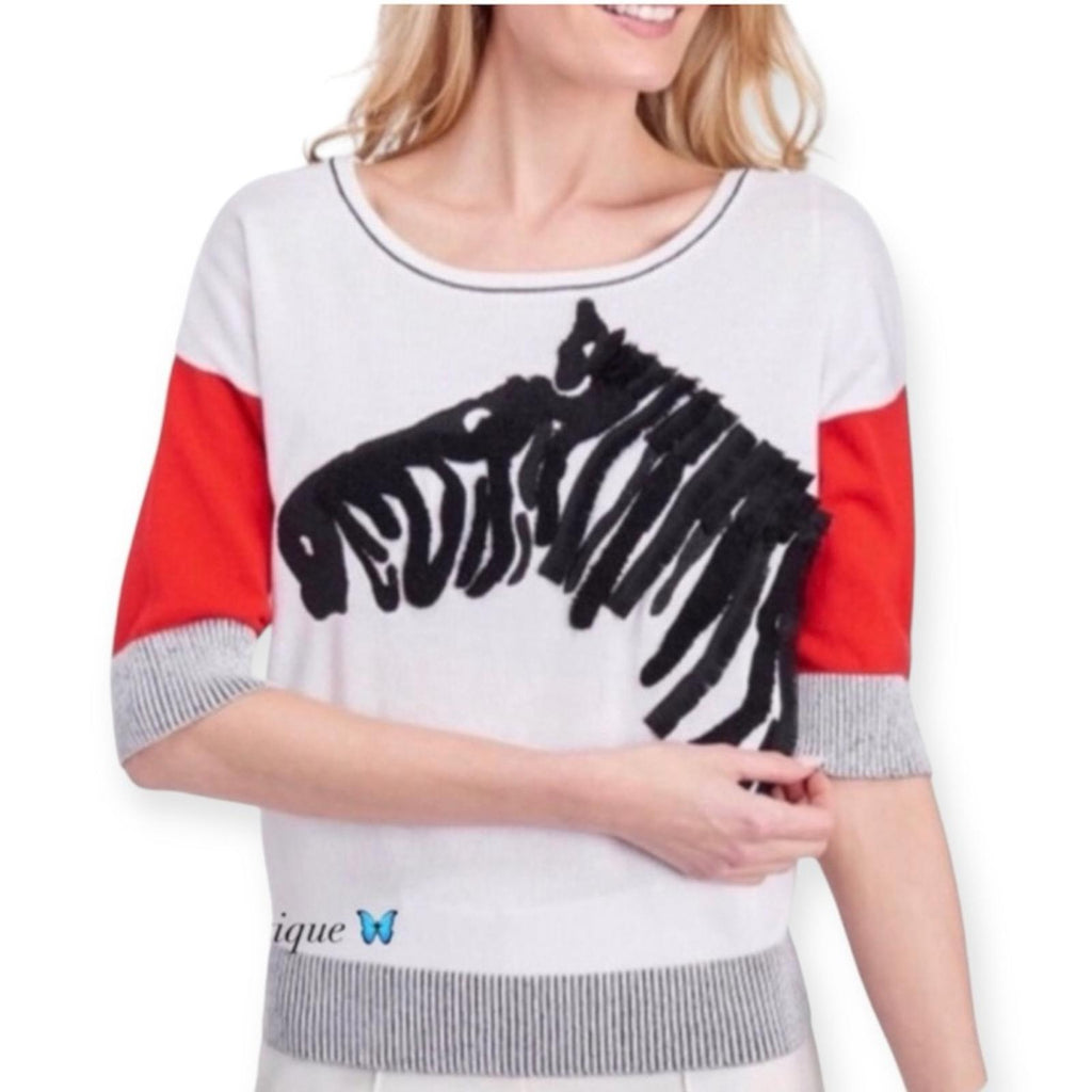 Gabby Isabella Zebra Fringe Sweater in White / Black Size XL New w/Tag