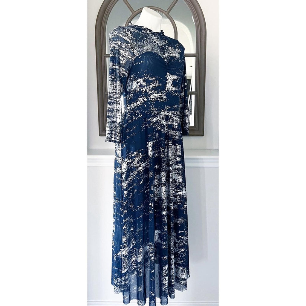 TED BAKER Iggiey Metallic Burnout Midi Dress, 3/4 Sleeves Navy Size 4 US 10 NWT