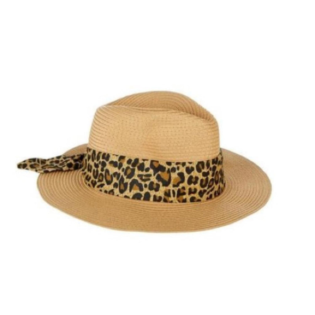 Nine West Wide Leopard Print Tie-Trim Packable Panama Hat, New w/Tag Retail $38