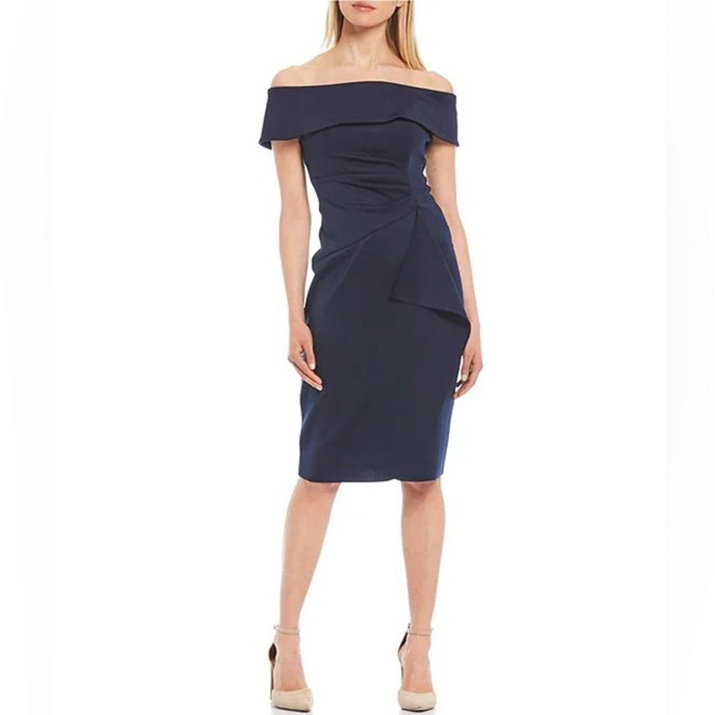 New XSCAPE Bow Off-the-Shoulder Scuba Knit Cocktail Dress, Navy Size 10 w/o Tag