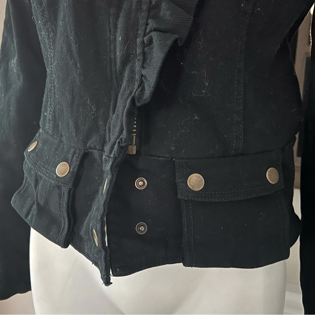 Anthropologie’s Sanctuary Ruffle Collar Denim Moto Jacket, Black Size S