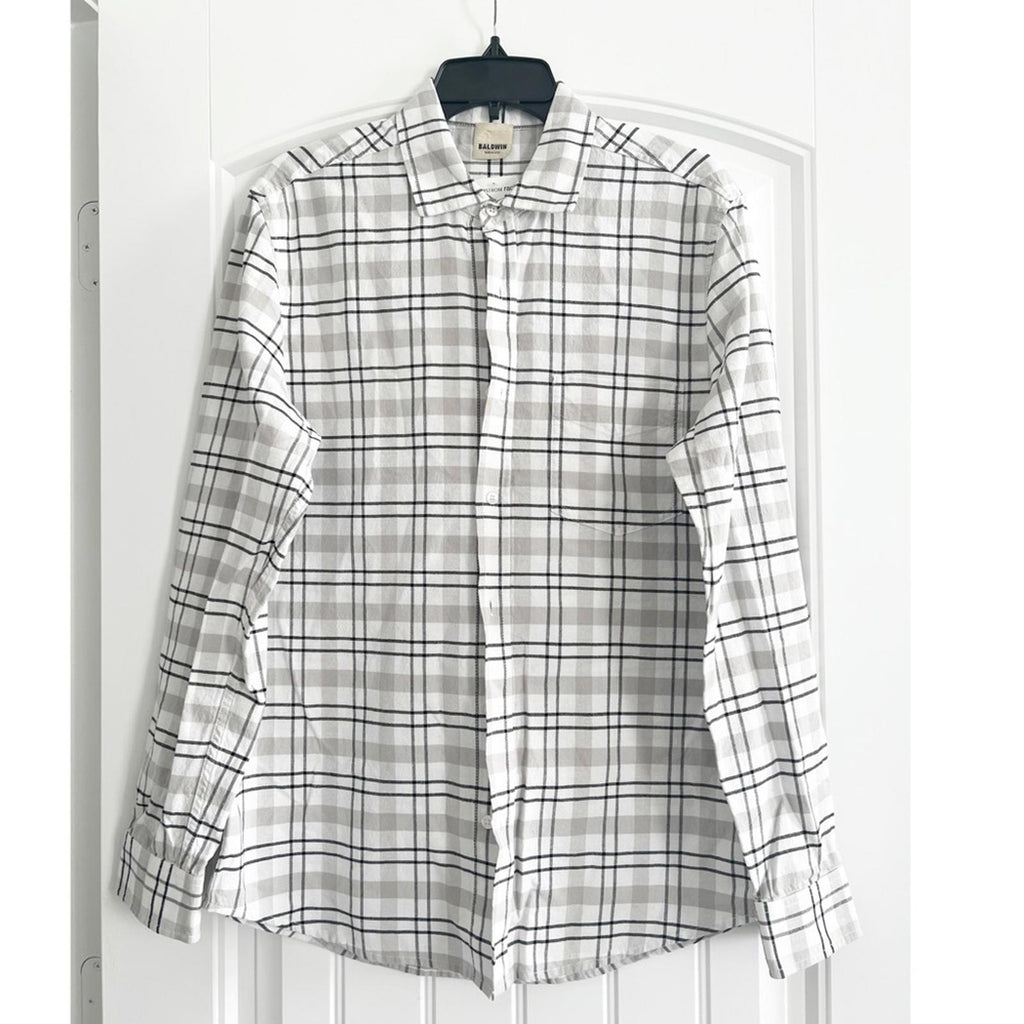 Baldwin Kansas City Cotton Plaid Button Up Shirt, White Grey NWT Retail $195