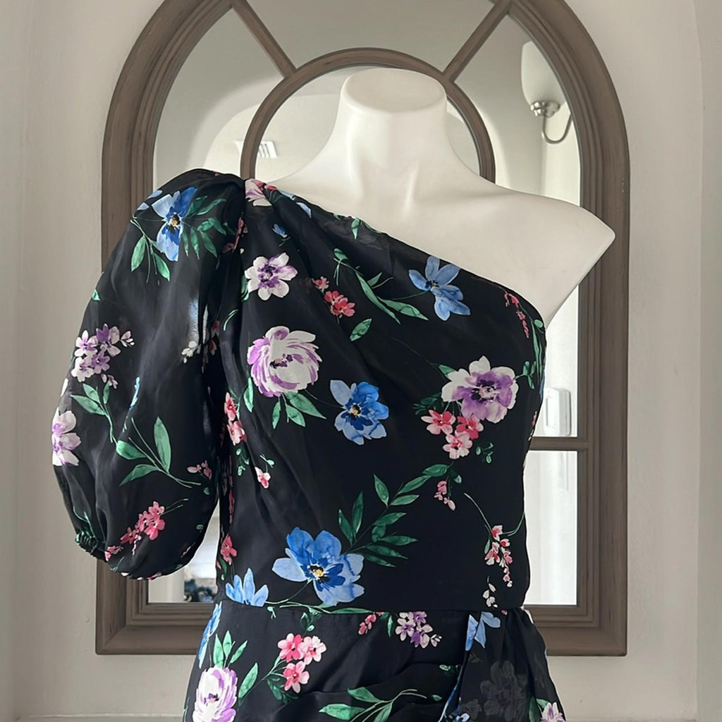 Shoshanna Midnight Gia One Shoulder Silk Floral Dress, Black Size 8 Retail $595