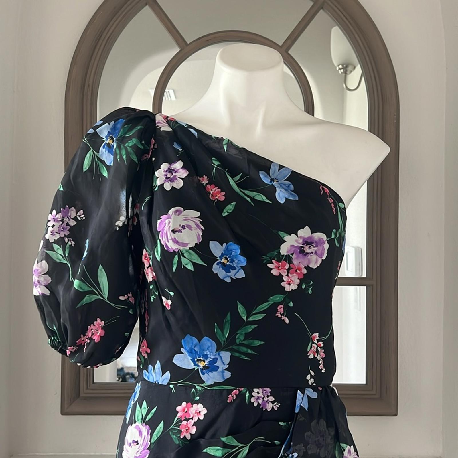 Shoshanna Midnight Gia One Shoulder Silk Floral Dress, Black Size 8 Retail $595