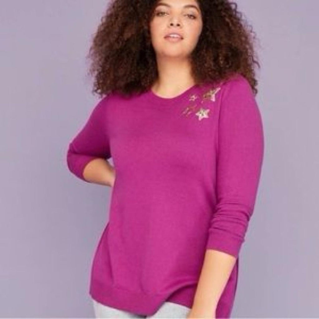 Lane Bryant Sequin Star Graphic Sweater in Fuchsia, Size 26/28 New w/Tag