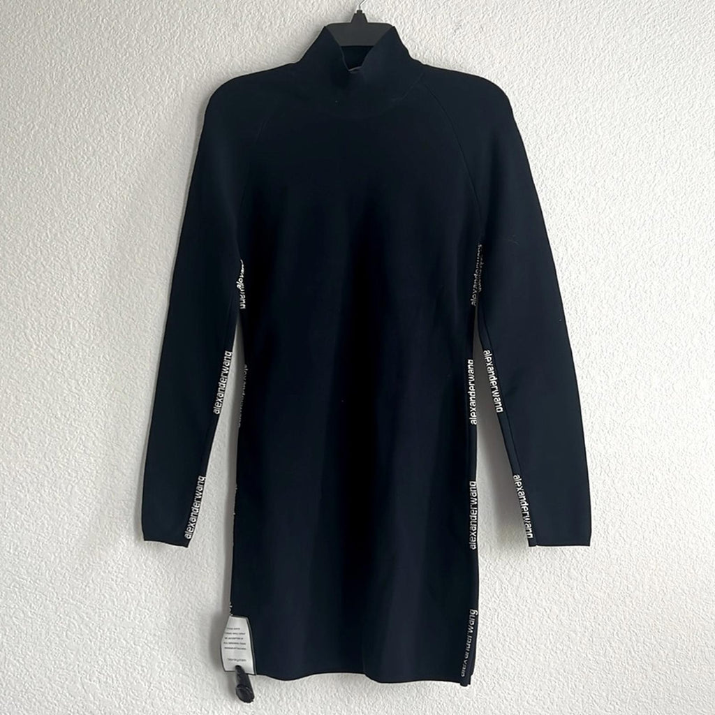 Alexander Wang Bodycon LS Turtleneck Dress w/Logo Jacquard Trim Size L NEW wTag