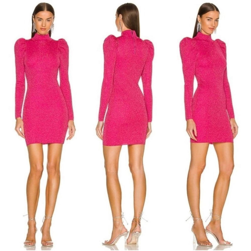 Alice+Olivia Issa Turtleneck Puff Sleeve Dress, Pink Metallic Size L NWT $395