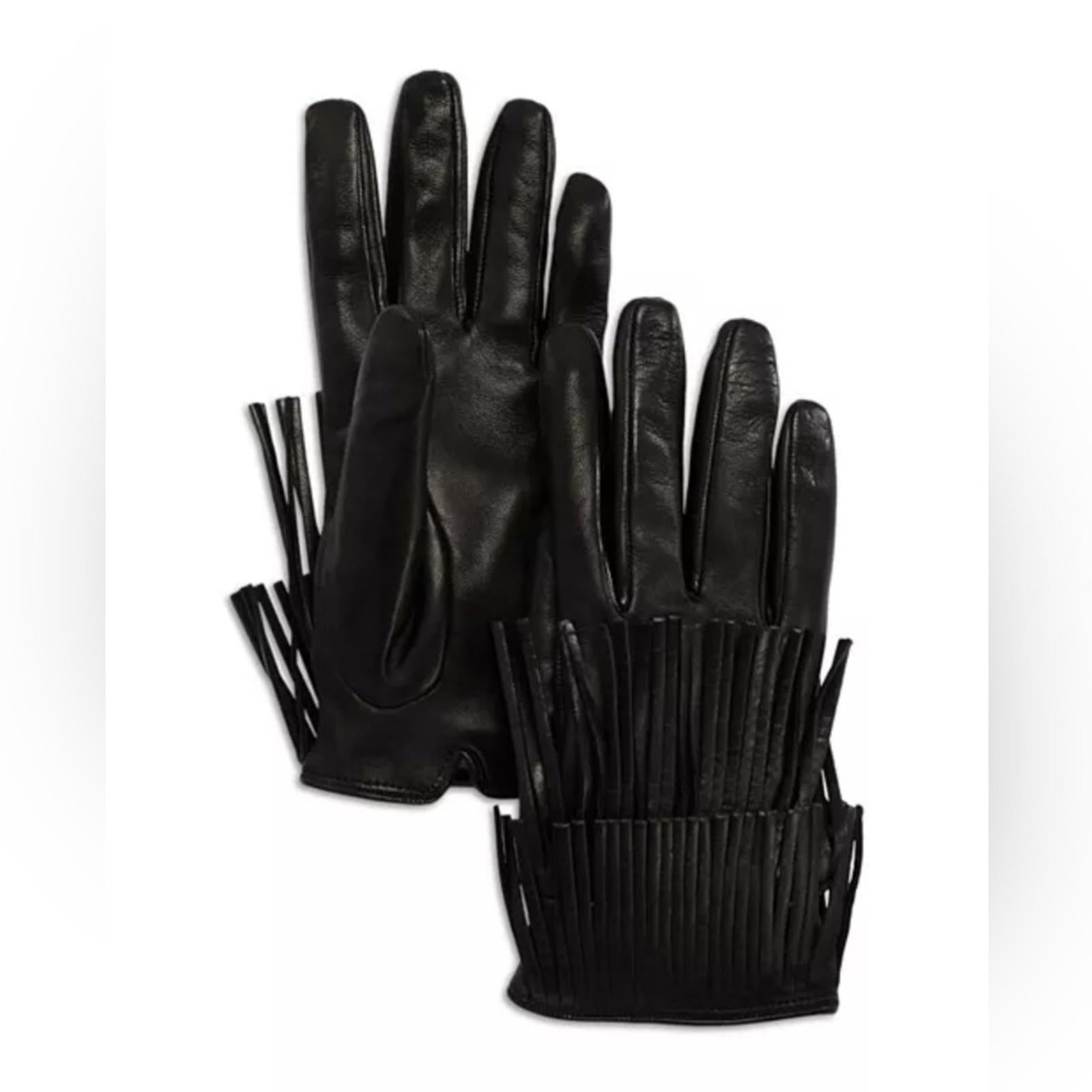 Bloomingdale's Fancy Fringed Leather Gloves in Black, Size 6.5 New w/Tag $158