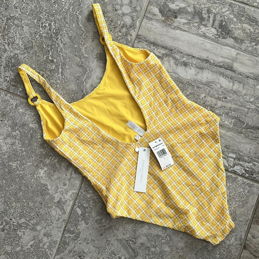 Jonathan Simkhai Rosabel Seersucker Swimsuit, Plaid Daffodil, Size L NWT $275