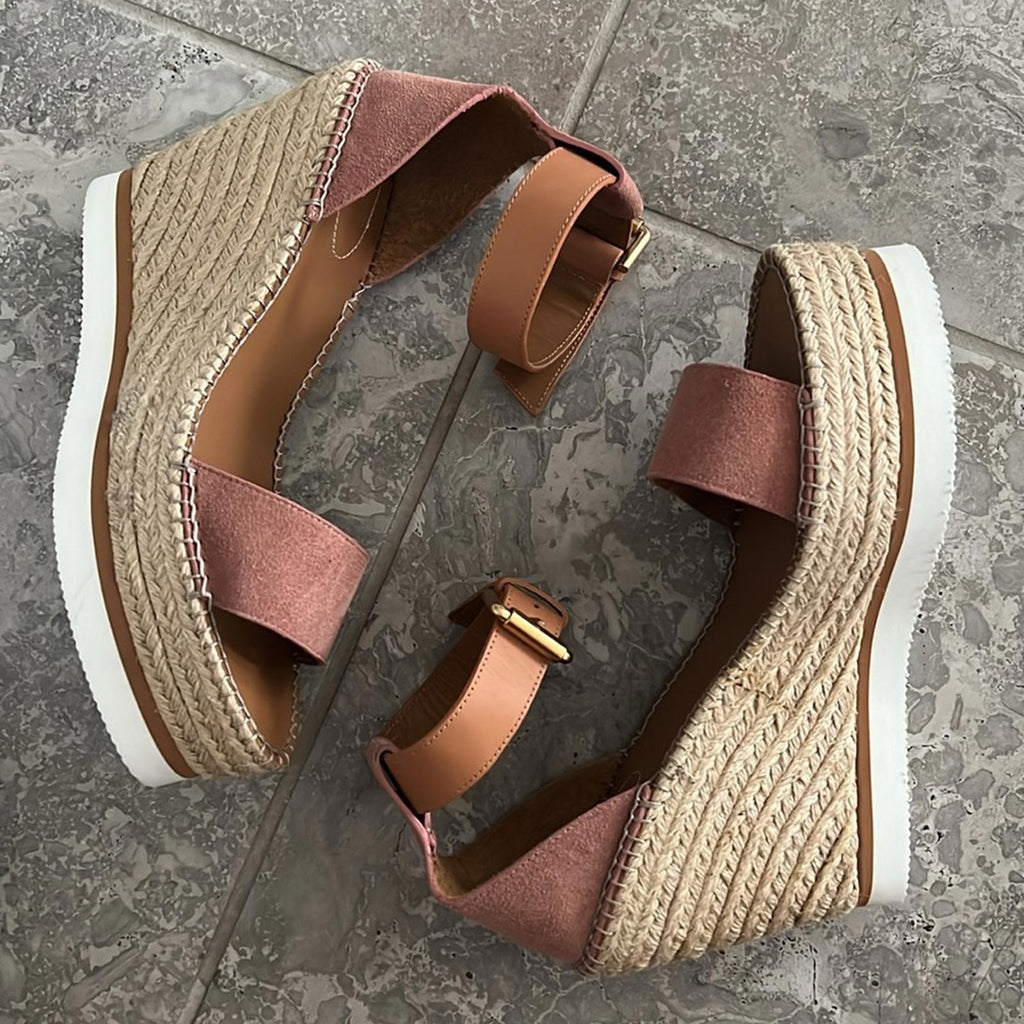 See by Chloé Glyn Calf Leather Espadrille Platform Wedge Sandals, Size 42 NWT