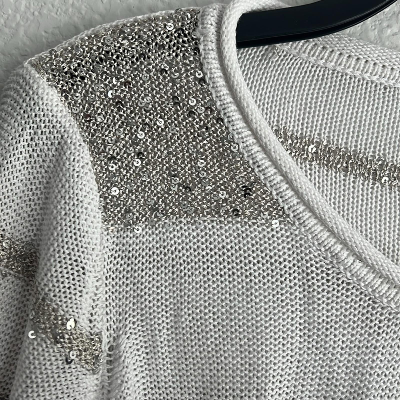 Belldini Elegant White/Silver Sequined Striped Women's Sweater Size XL EXCELLENT
