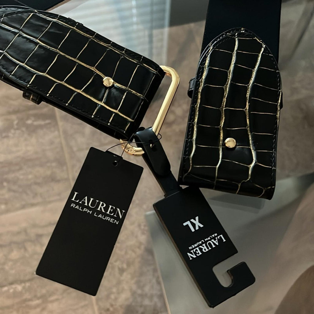 Ralph Lauren Embossed Leather Tab-Stretch Wide Belt Black/Gold NWT Sold Out!