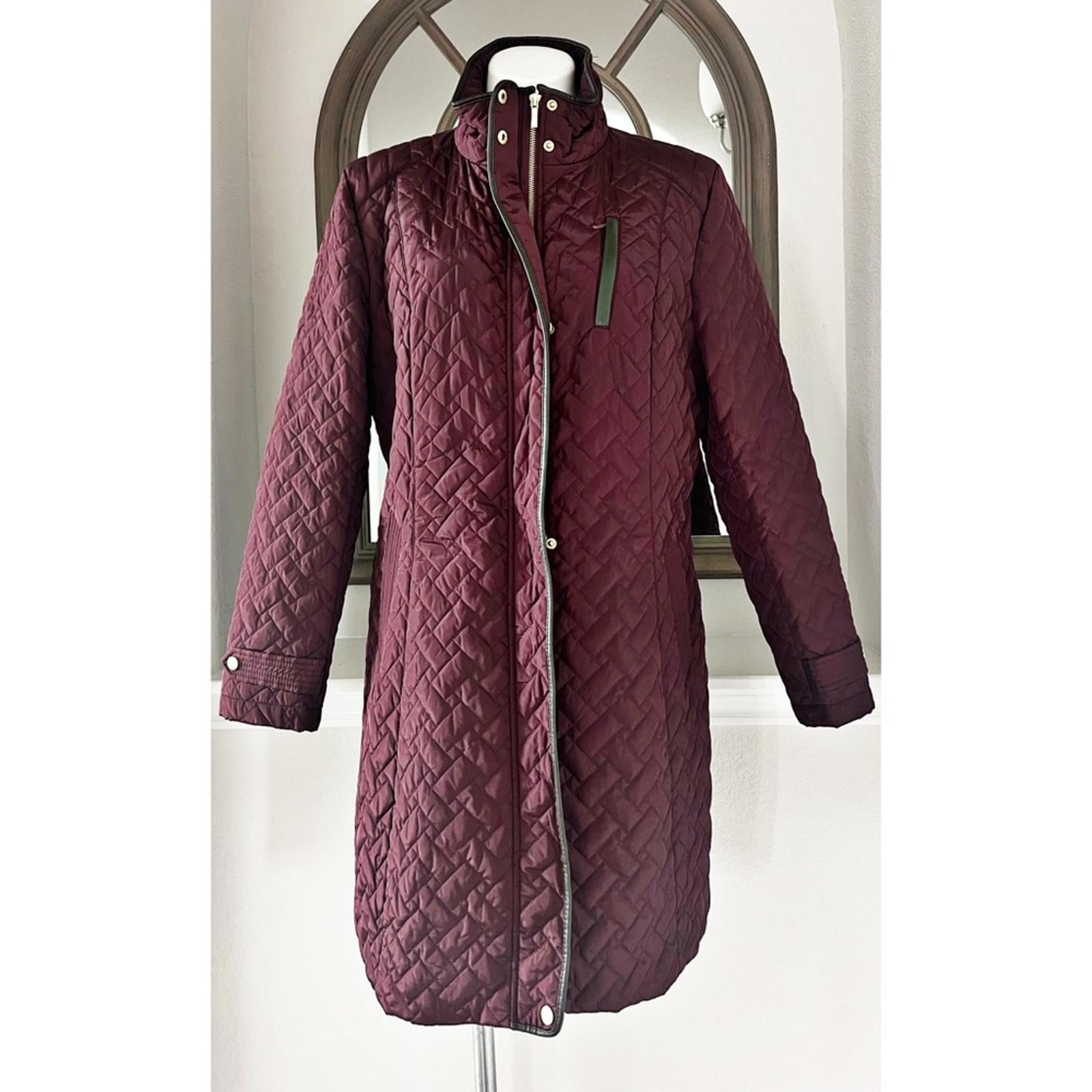 Cole Haan Burgundy Quilted Long Jacket w/Brown Leather Trim, NO BELT XL $260