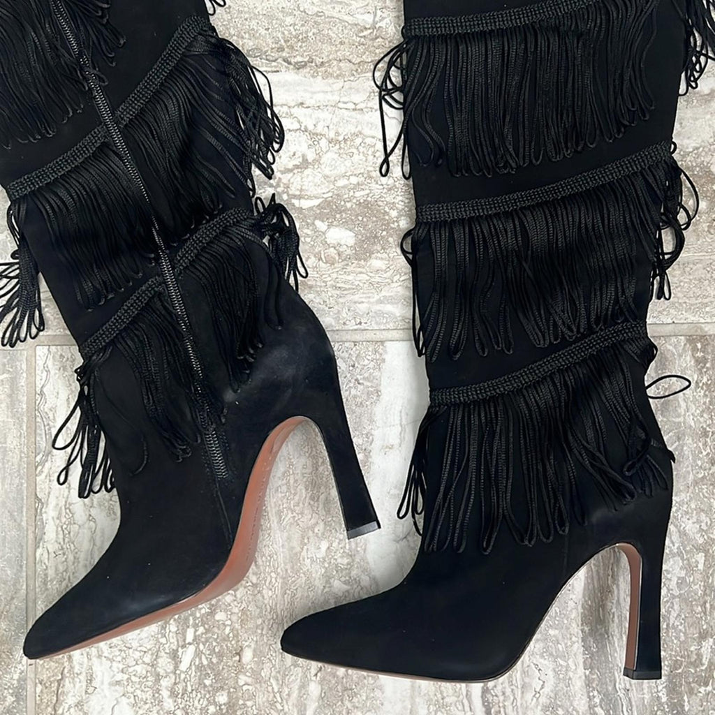 BCBGMaxazria Suede Fringe Heeled Boots, Black Size 7.5 New w/o Box Retail $499