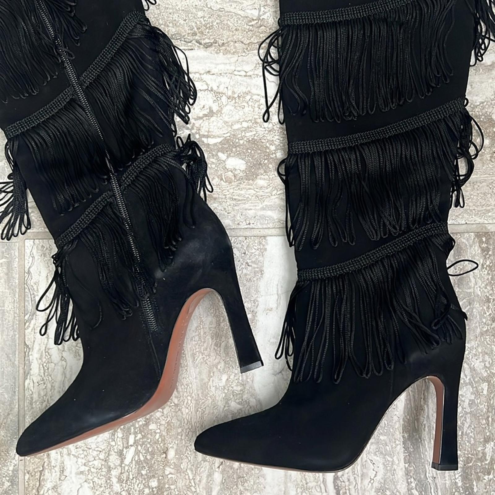 BCBGMaxazria Suede Fringe Heeled Boots, Black Size 7.5 New w/o Box Retail $499