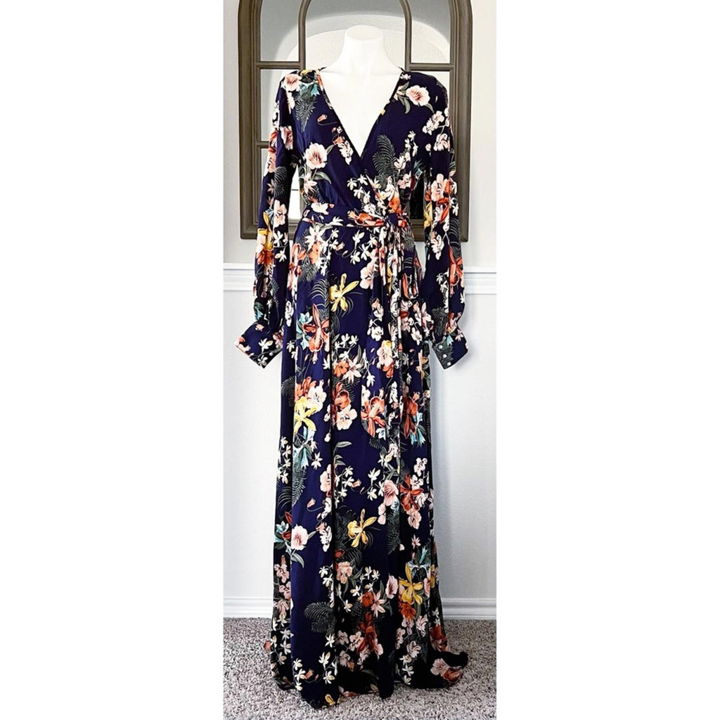 Meghan LA Floral Maxi Dress Navy Lilypad Split Neck Size XL EXCELLENT! $399