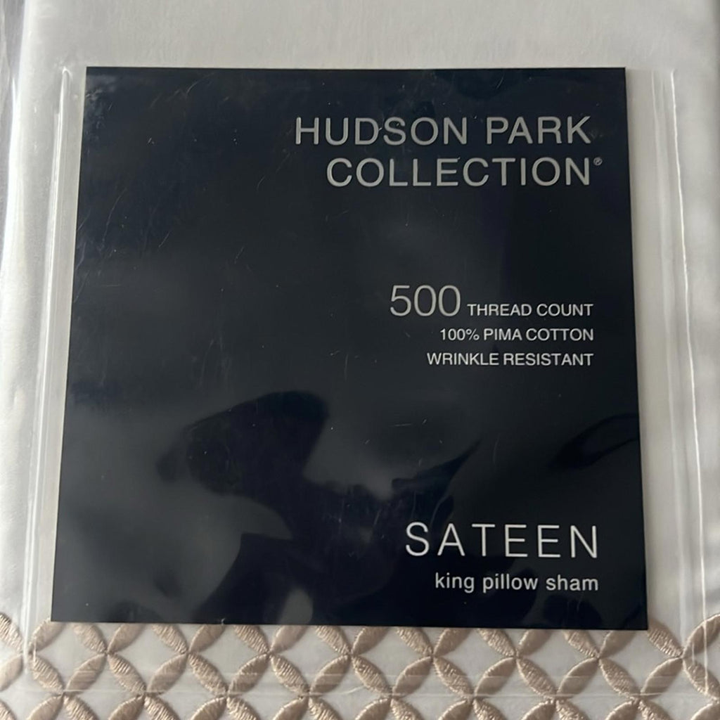 X2 Hudson Park Collection Embroidered Geo King Sham, 500Thread Count, White/Sand