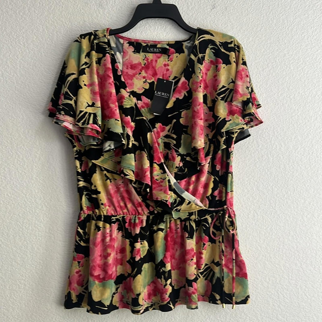 Ralph Lauren Floral Ruffle Trim Surplice Jersey Top in Black, NWT, Size L