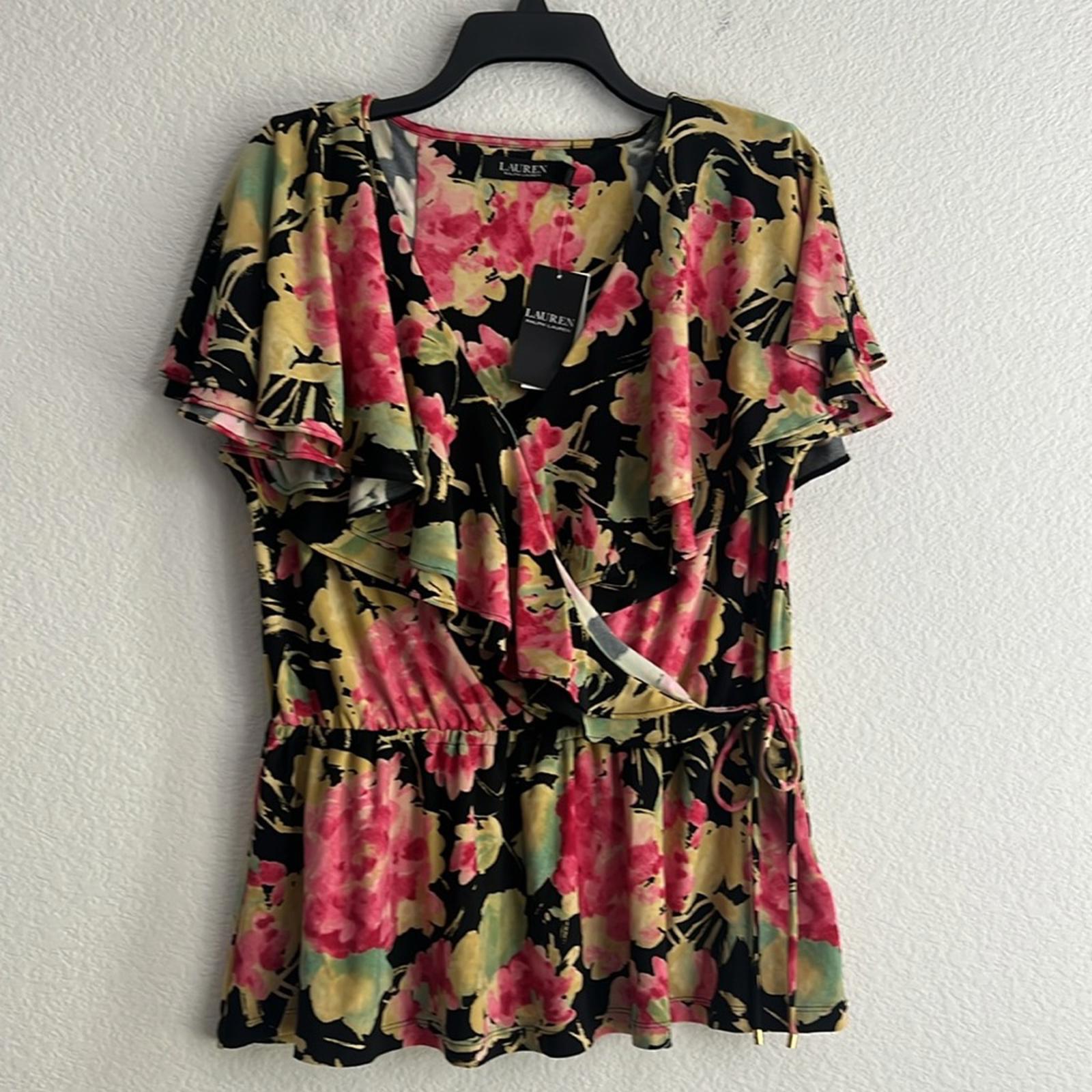 Ralph Lauren Floral Ruffle Trim Surplice Jersey Top in Black, NWT, Size L