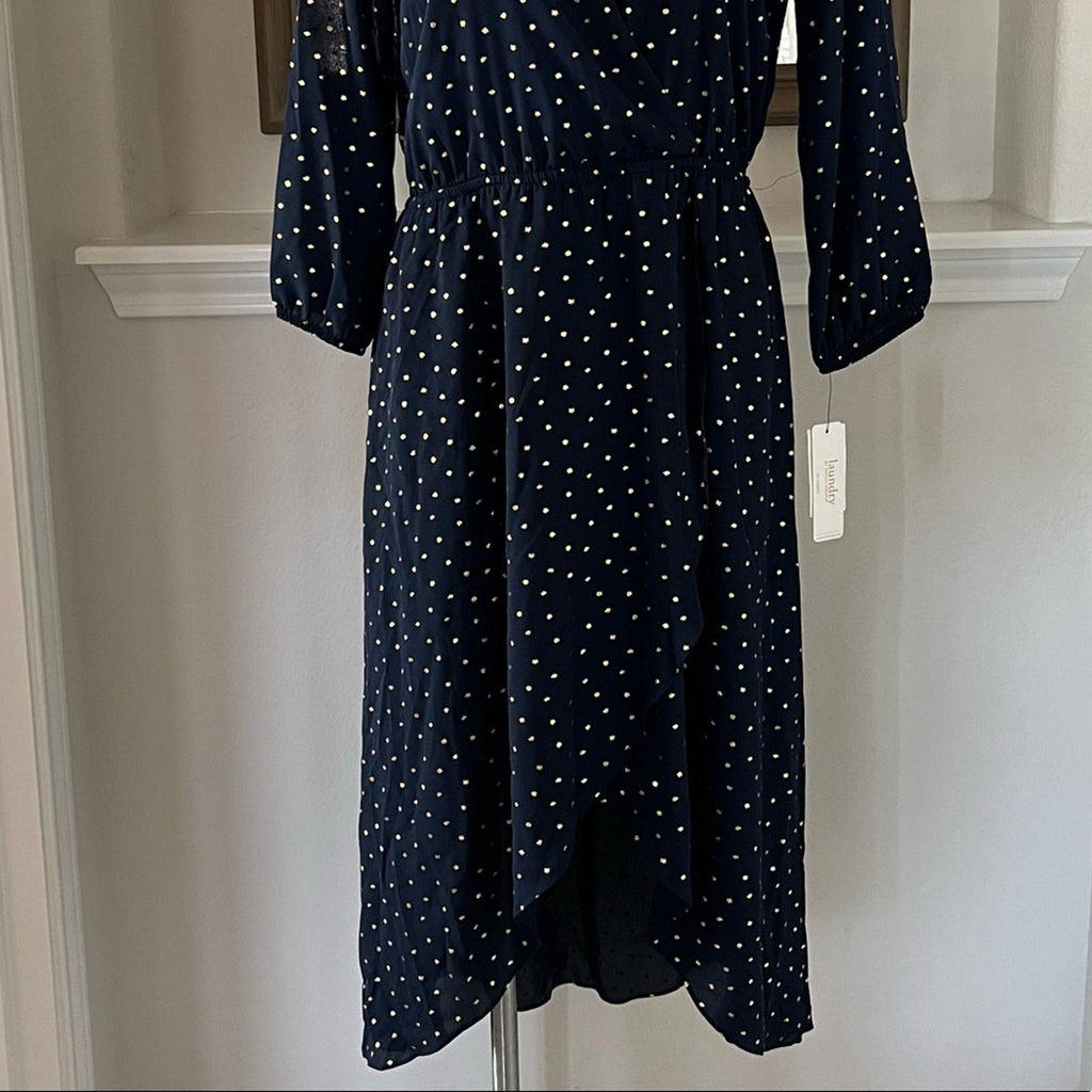 Laundry Faux Wrap Hi-Low Hem Maxi Dress in Navy/Gold Stars, NWT
