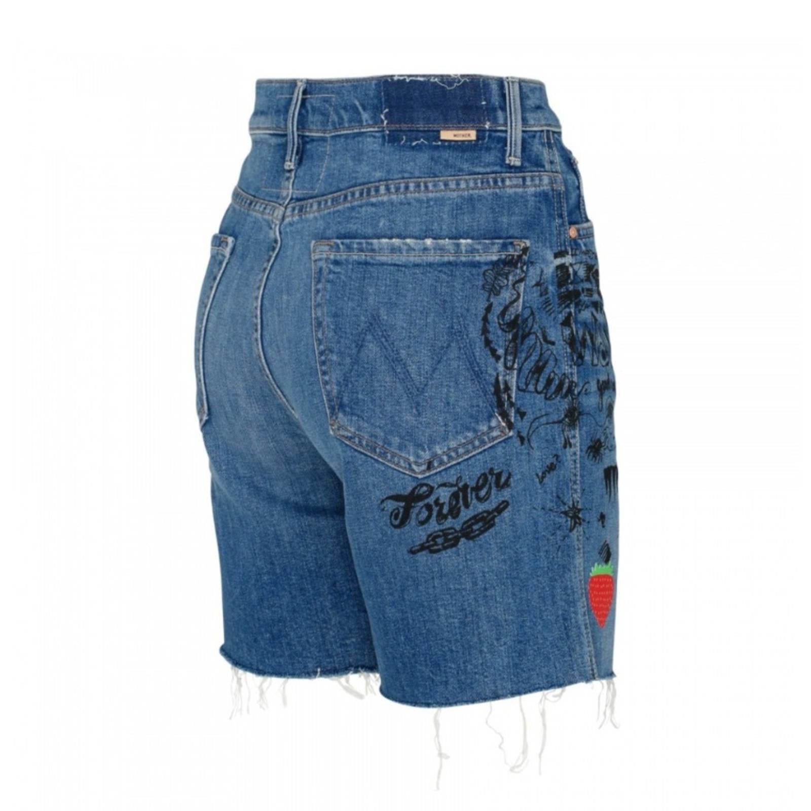 Mother High-Waisted Smokin’ Short Fray Jeans w/Strawberry Patch, Size 26 NWT